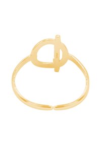 Anello in metallo oro con design a banda aperta, caratterizzato da un ritaglio circolare e una barra verticale d'accento. Finitura liscia con texture riflettente.