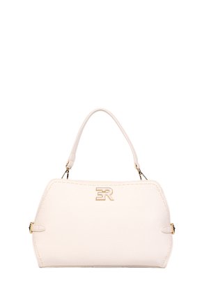 Borsa color crema con manico corto, dettagli con chiusura in tonalità oro e logo "ER" dorato al centro anteriore.