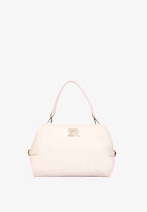 Borsa color crema con manico corto, dettagli con chiusura in tonalità oro e logo "ER" dorato al centro anteriore.