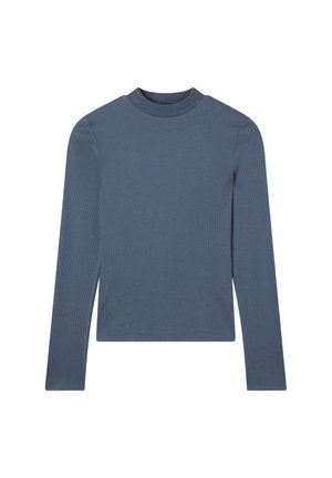 Maglietta a maniche lunghe blu con colletto alto, realizzata in tessuto a costine. Taglio dritto con leggere fessure laterali all'orlo.