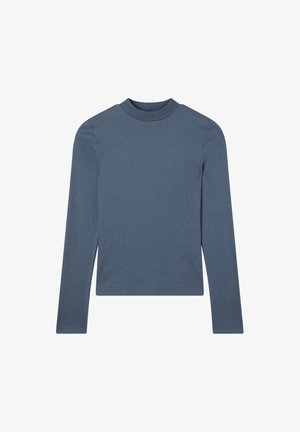 Niebieska bluzka z długim rękawem o wysokim dekolcie, wykonana z prążkowanej tkaniny. Prosta sylwetka z delikatnymi rozcięciami po bokach na dole.