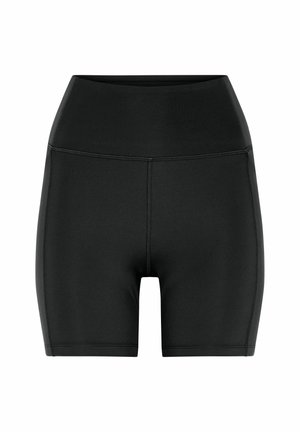 Mustad kõrge vöökohaga, reie keskosast lõppevad sportlikud lühikesed püksid, millel on ladusõmblused ja sile vöökoht, kujundatud aktiivseks kandmiseks ja mugavuseks.