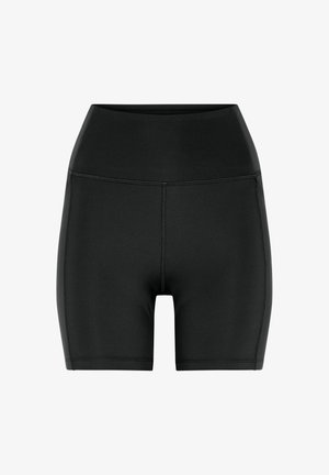 Mustad kõrge vöökohaga, reie keskosast lõppevad sportlikud lühikesed püksid, millel on ladusõmblused ja sile vöökoht, kujundatud aktiivseks kandmiseks ja mugavuseks.