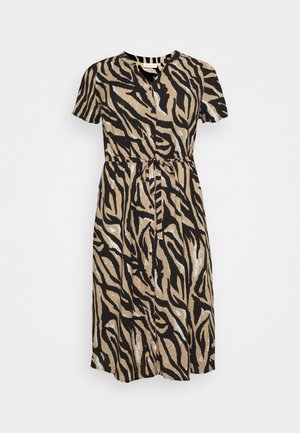 Kurzärmeliges Kleid mit Zebramuster in Beige- und Schwarztönen, mit Bindeband in der Taille für eine verstellbare Passform und fließende Silhouette.