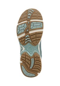 Shoe outsole featuring a multi-textured gum rubber base with blue accents, patterned tread for grip, and ventilation elements in the design.