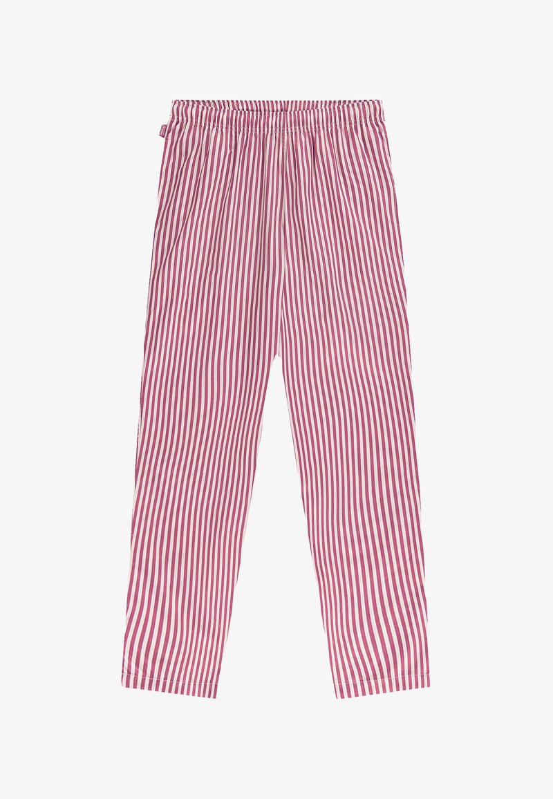 Kosebukser i bomull med elastisk midjebånd, med vertikale striper i rosa og hvitt. Lett materiale med en myk tekstur.