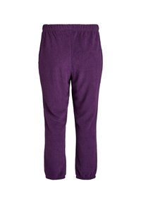 Pantalons de pyjama en polaire violette avec une taille élastique, présentant une texture douce et des poignets fuselés aux chevilles.