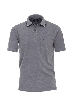 Graues Polohemd aus weichem Baumwollmix, mit einer Knopfleiste mit zwei Knöpfen, kontrastierender Kragenverzierung und einer kleinen Brusttasche.