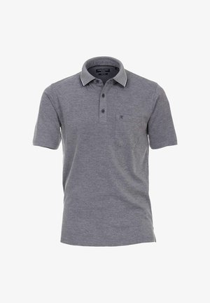 Szary polówka wykonana z miękkiej mieszanki bawełny, z dwu guzikowym zapięciem, kontrastowym wykończeniem kołnierza oraz małą kieszonką na piersi.