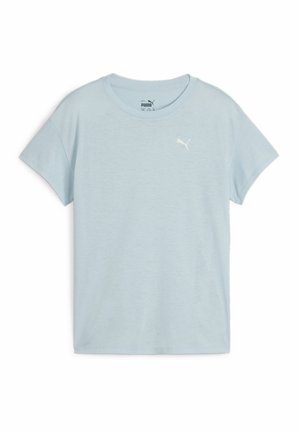 T-shirt à manches courtes Puma bleu clair avec col rond et petit logo blanc Puma sur la poitrine gauche.