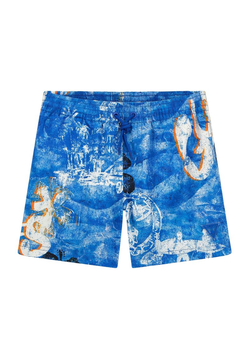 Costumini da bagno blu con un motivo astratto multicolore, dotati di vita elasticizzata e chiusura con coulisse. Tessuto morbido e strutturato.