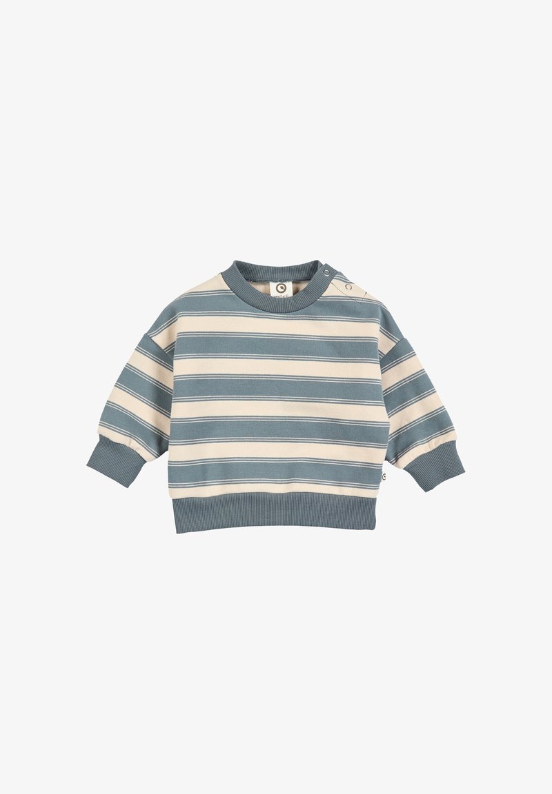 Striped sweatshirt in light beige and teal. Features a crew neck, ribbed cuffs, and shoulder snaps for easy wear. Soft textured fabric.