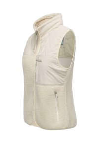 Beige ärmellose Weste mit einer gesteppten Textur im oberen Teil, flauschigem Fleece-Futter und zwei vorderen Reißverschlusstaschen.