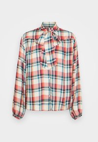 Kraagloze, lange mouwen blouse in een multikleurig ruitpatroon met tinten van rood, blauw en crème. Zachte, lichte stof met een strikje als detail.