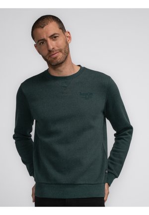 Dark green sweatshirt with a crew neck, textured fabric, and subtle logo detail on the chest. Long sleeves and ribbed hem.