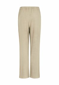 Beige Leinenhose mit elastischem Bund, gerade geschnitten und einer glatten Textur. Keine Taschen oder zusätzlichen Hardware sichtbar.