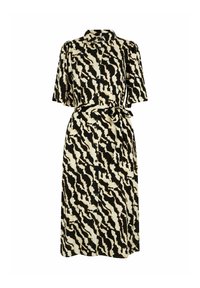 Košilové šaty s černobílým zvířecím potiskem, krátkými rukávy, páskem v oblasti pasu a rovný střih. Měkká tkanina s hladkým povrchem.