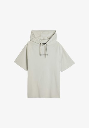 Sudadera corta de manga corta en gris claro con un ajuste relajado. Presenta una gran capucha, cordones y un texto impreso "Mejor suerte la próxima vez" en el pecho.