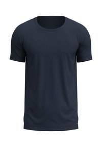 Marineblauwe T-shirt met korte mouwen en een ronde halslijn. Gemaakt van een zachte, gladde stof. Heeft een eenvoudig, minimalistisch ontwerp zonder patronen.
