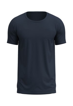 T-shirt bleu marine à manches courtes avec un col rond. Fabriqué à partir d'un tissu doux et lisse. Présente un design simple et minimaliste sans motifs.