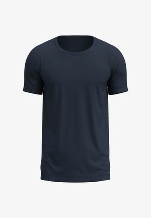 Navy blue short-sleeve T-shirt with a round neckline. Made from a soft, smooth fabric. Features a simple, minimalist design without patterns.