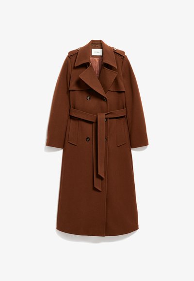 Long brown double-breasted wool coat with wide collar, belt, shoulder epaulets, two front pockets, and button details.