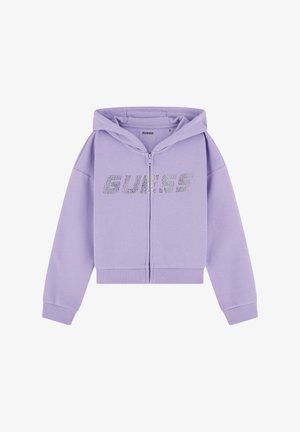 Hoodie corto viola con zip frontale e cappuccio. Presenta un logo "GUESS" in strass sul petto e polsini e orlo a coste.