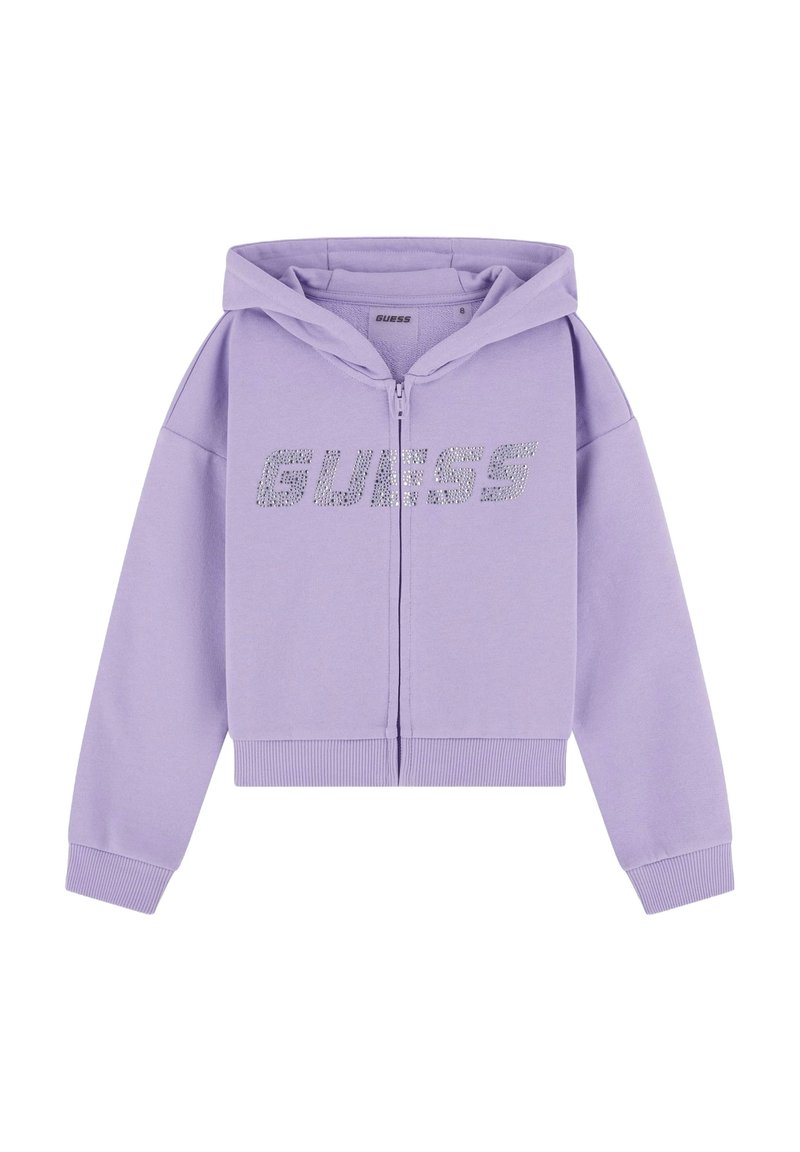 Fialová skrátená mikina s predným zipsom a kapucňou. Obsahuje trblietavé logo "GUESS" na hrudi a rebrované manžety a lem.