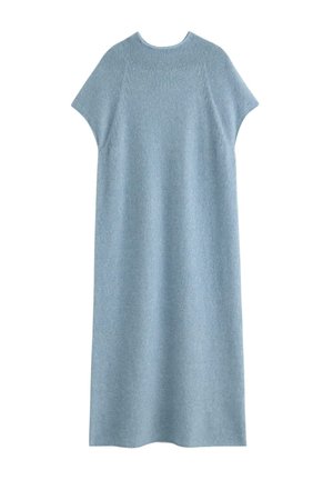 Ljusblå, ärmlös stickad klänning med rund halsringning och en avslappnad, rak passform, uppvisad på en vit bakgrund.