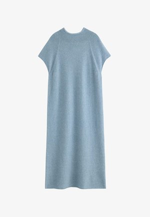 Ljusblå, ärmlös stickad klänning med rund halsringning och en avslappnad, rak passform, uppvisad på en vit bakgrund.