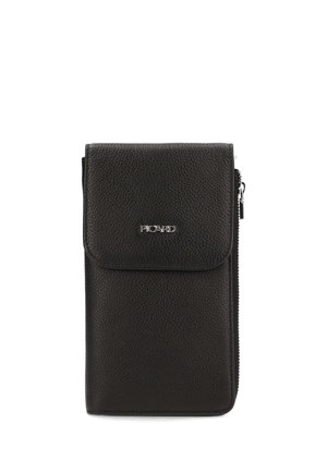 Portefeuille en cuir noir texturé avec rabat et fermeture éclair argentée sur le côté, avec un petit logo argenté "Picard" à l'avant.