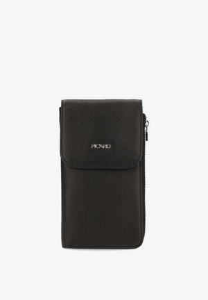 Portefeuille en cuir noir texturé avec rabat et fermeture éclair argentée sur le côté, avec un petit logo argenté "Picard" à l'avant.