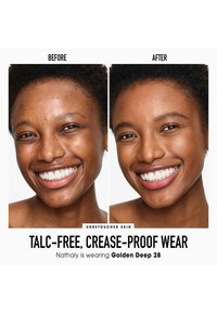 Vertailukuva ennen ja jälkeen ihonhoidon, joka esittelee sileää tekstuuria ja luonnollista hehkua. Molemmissa kuvissa on hymyilevä henkilö, jolla on terve iho.