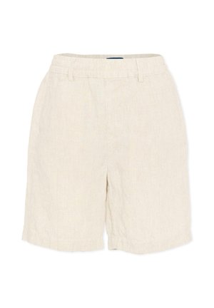 Beige corduroy shorts met elastische tailleband en riemlussen, tot aan de knie, afgebeeld op een witte achtergrond.