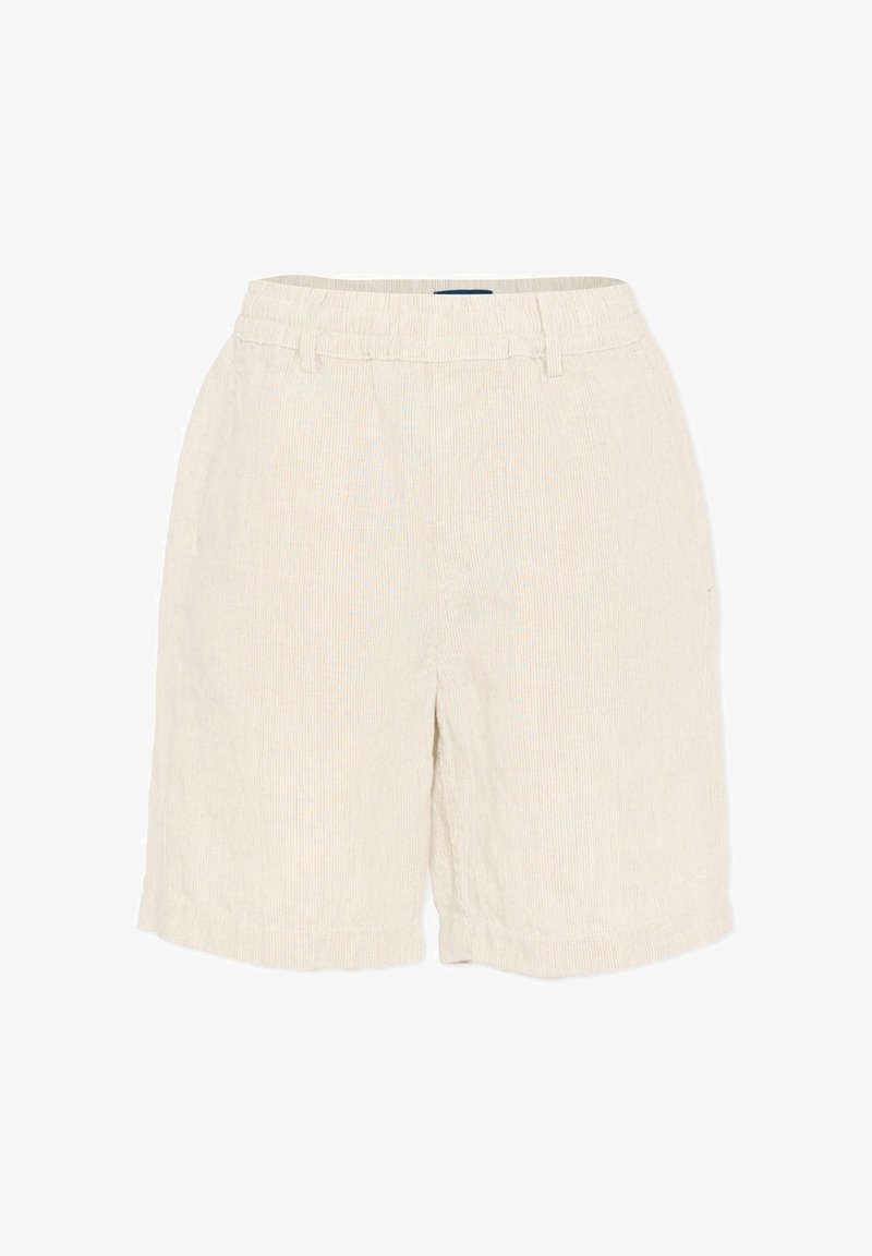 Shorts beige in velluto a coste con cintura elastica e passanti per cintura, lunghezza fino al ginocchio, mostrati su sfondo bianco.
