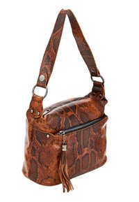 Borsa a spalla in finta pelle con stampa serpente marrone, chiusura con zip, frange staccabili e dettagli in metallo argentato.
