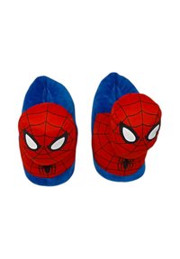 Pantofole per bambini con suole blu e facce di Spider-Man rosse sulle punte, con occhi bianchi e motivi di ragnatela neri.