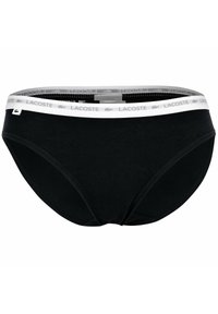 Slip neri con una vita elastica bianca che presenta il logo "LACOSTE". Realizzati in tessuto morbido, con una texture liscia e un design classico a vita bassa.