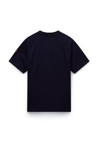 Navy blue T-shirt with short sleeves and a round neckline, featuring a logo detail on the shoulder and smooth, lightweight cotton fabric.