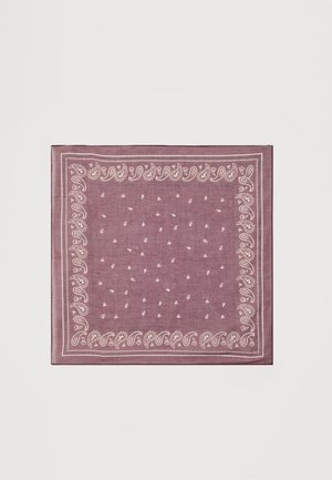 Bandana carré mauve avec des motifs paisley blancs et de petites gouttes le long des bords et au centre sur un fond uni.