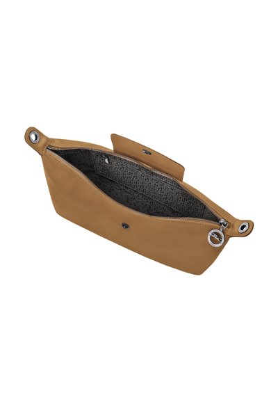 Tan leather clutch with a zip closure and silver hardware. Features a gray patterned interior lining and two eyelet accents on the sides.