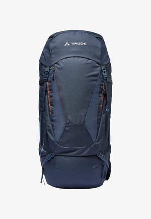Zaino blu navy con finitura texturizzata, caratterizzato da numerosi zip, spallacci regolabili e dettagli arancioni a contrasto.