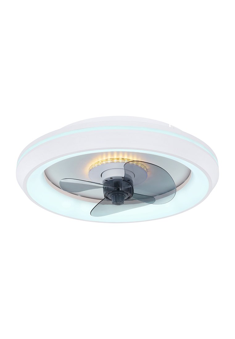 Stropní ventilátor s osvětlením, bílým kruhovým tělem, průhlednými šedými listy a integrovaným LED kroužkem. Hladký povrch s moderním designem.