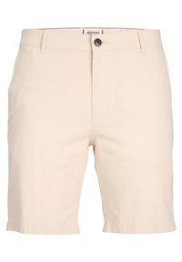 Shorts beige clair en coton, dotés d'une fermeture à bouton, de passants de ceinture et de poches latérales diagonales. Coupe droite avec bords ourlés.