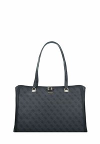 Zwarte neplederen totebag met dubbele handvatten, voorzien van een subtiel reliëf logo patroon en gouden hardware accenten.