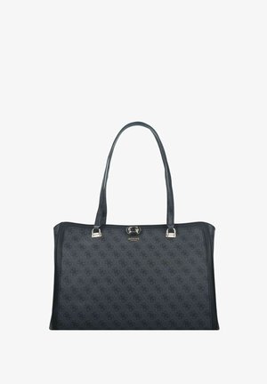 Borsa tote in finta pelle nera con doppie maniglie, caratterizzata da un sottile motivo a logo impressa e dettagli in metallo dorato.