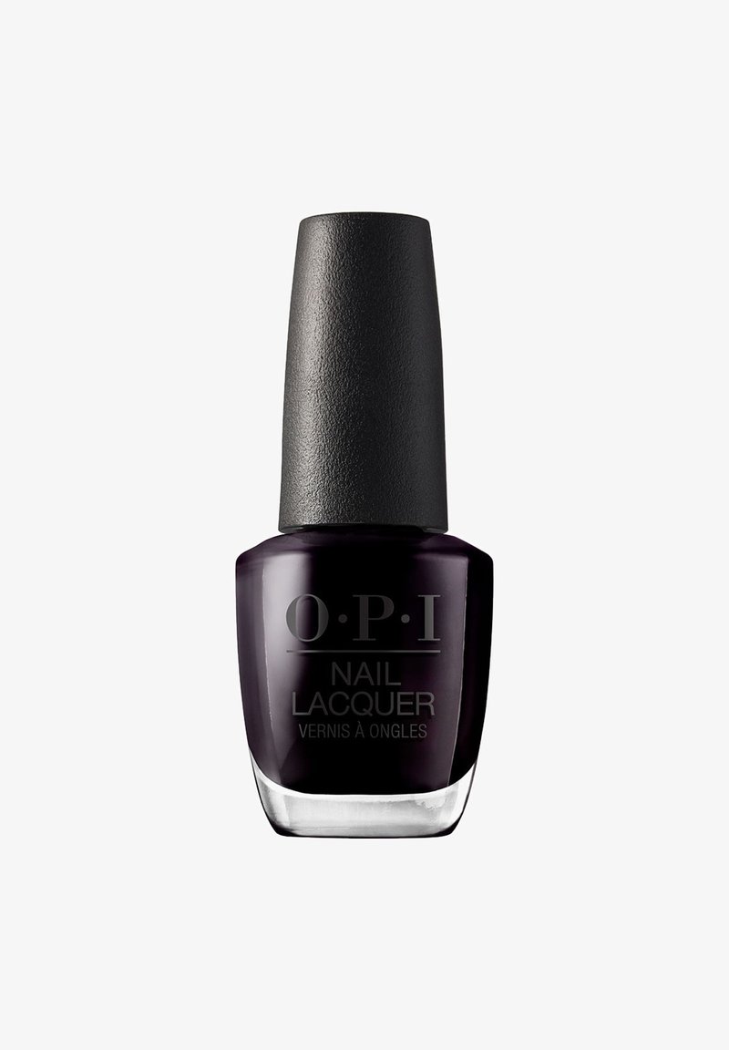 Vernis à ongles OPI dans une teinte violet foncé, avec un capuchon noir texturé et une base en verre transparent, présentant des détails de marque et de design imprimés.