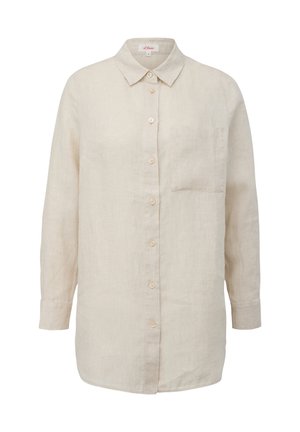 Chemise en lin beige clair avec un col boutonné, des manches longues, une poche avant et une fermeture par bouton à l'avant. Texture lisse.