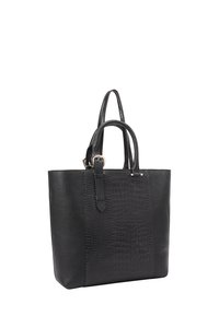 Sac fourre-tout noir présentant une combinaison de cuir texturé et de panneaux lisses, avec un détail en motif crocodile et des poignées supérieures doubles.