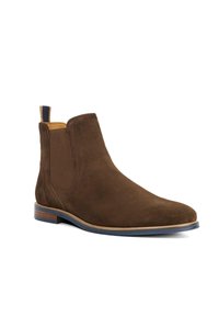 Brown suede Chelsea boot with elastic side panels, rounded toe, and a contrasting blue and brown sole detail.
